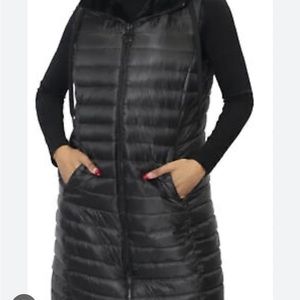 DONNA KARAN REVERSIBLE LONG HOODED PUFFER VEST WITH FAUX FUR